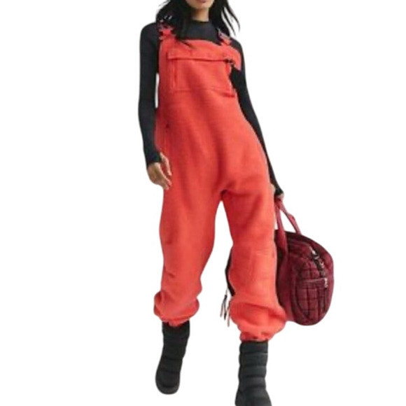 Free People Movement Hit The Slopes Salopette Coral Fleece Ski Bib Size Small - Picture 1 of 8